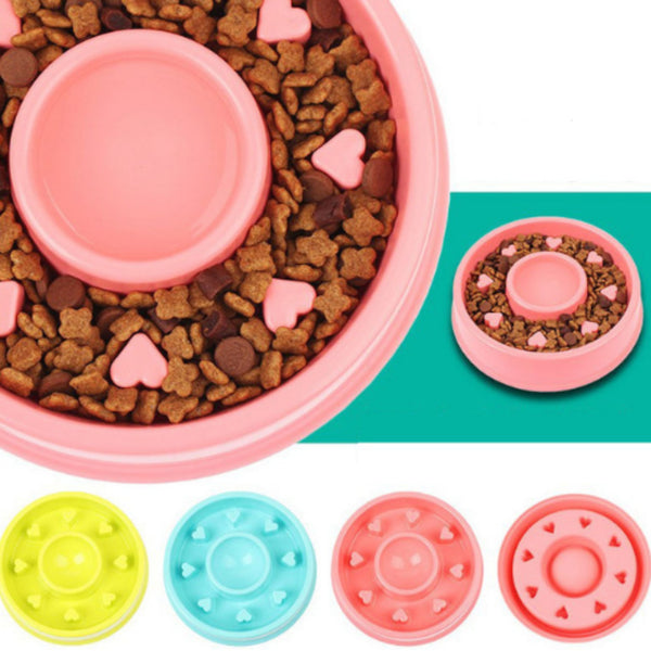 Pink pet food bowl with treats and a smaller version on a teal background, with additional colorful bowls at the bottom.